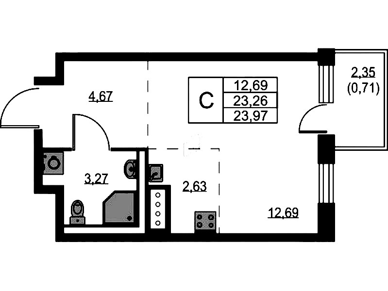Квартира студия 23.97 м², 5/11 эт., ЖК «Квартал Лаголово»